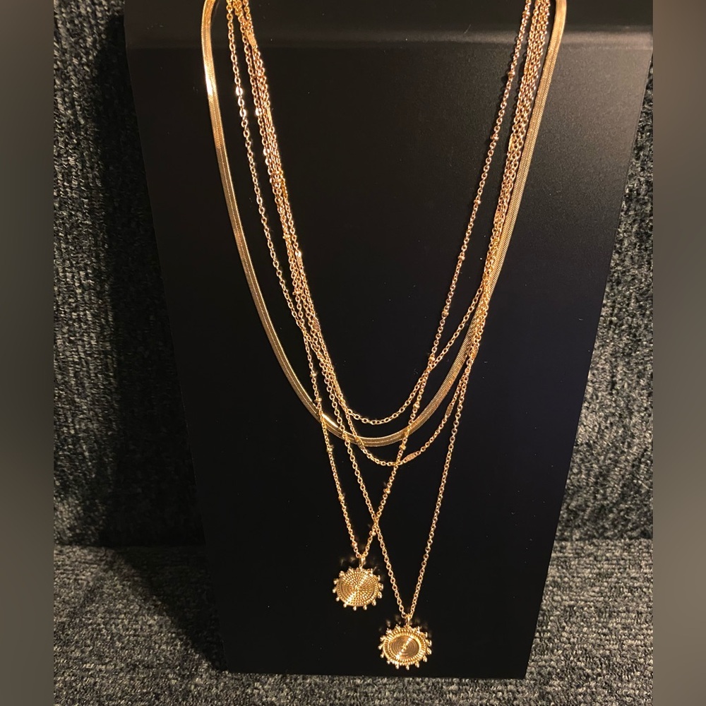 5 Strand Gold Medallion Pendants Layered Necklace. Womens Gold Herringbone Chain